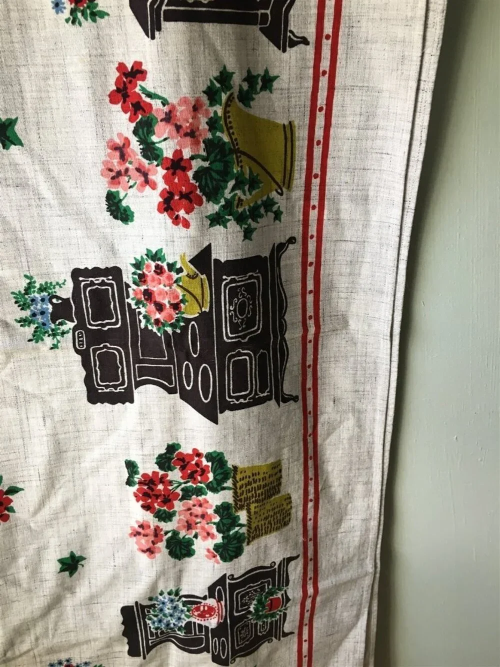 Vintage SIMTEX Hand Printed Tablecloth Memories Pot Belly Stove Flowers NEW